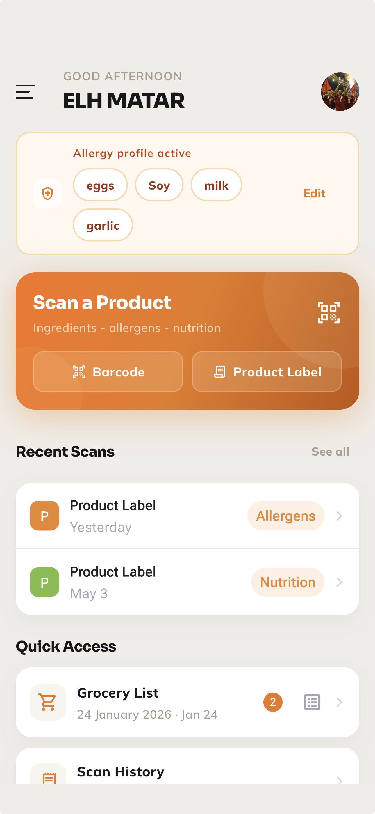 Ingredify allergy profile with selected allergens