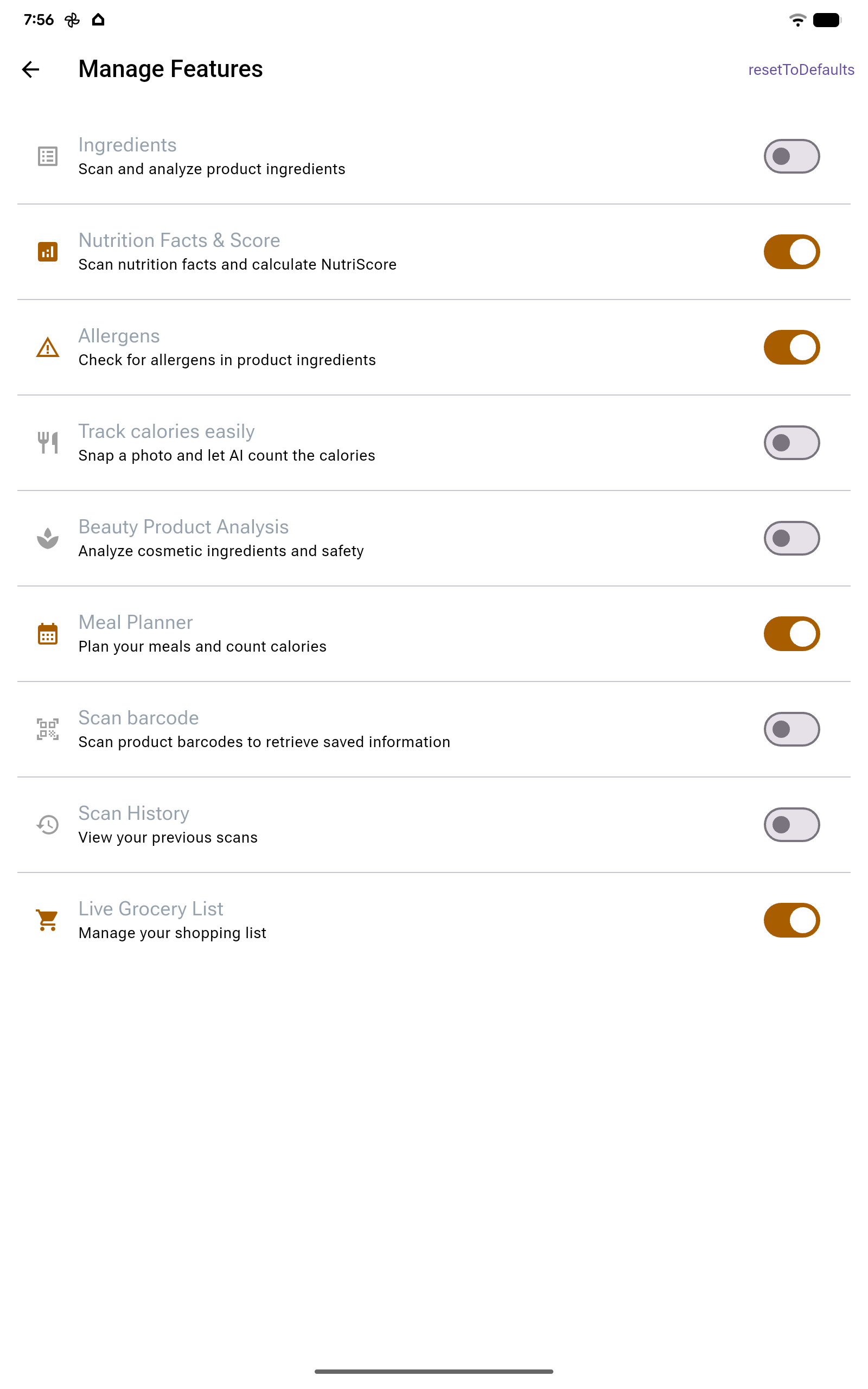 Manage Features Screen