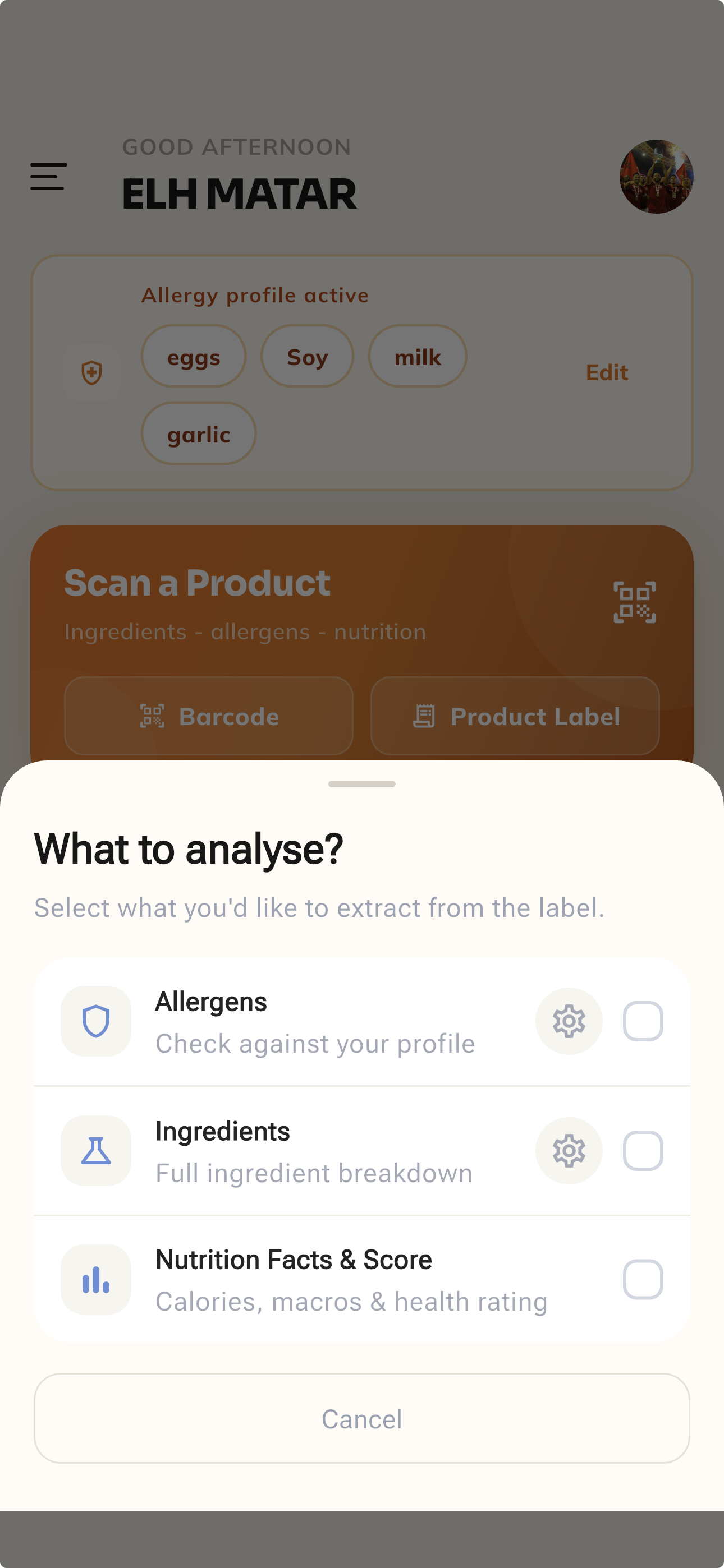 Ingredify product label scan options for allergens, ingredients, and nutrition
